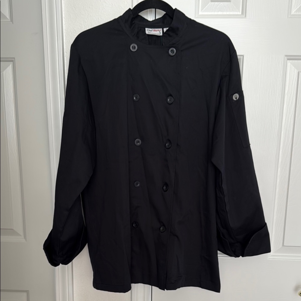Chef Jacket, Black Double-Breasted with Mandarin Collar. Pit to Pit 21”. Size S